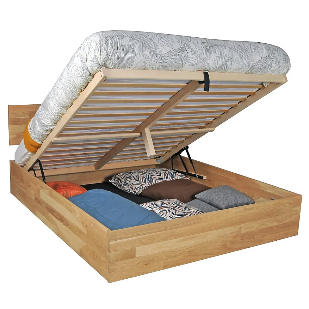 Weber Industries Lit coffre 160x200cm MILO avec tête de lit + sommier/ Chêne massif huilé* Lit Coffre