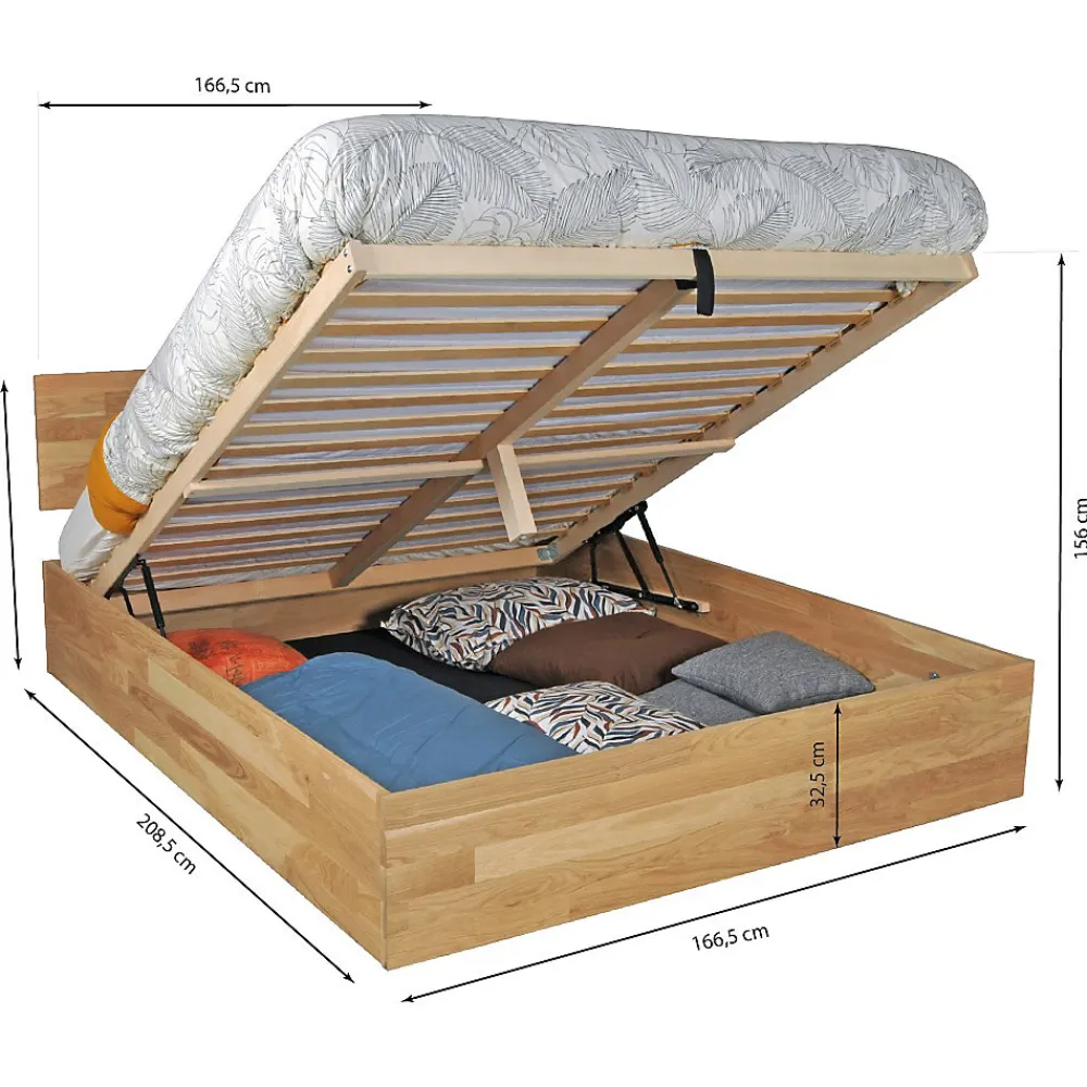 Weber Industries Lit coffre 160x200cm MILO avec tête de lit + sommier/ Chêne massif huilé* Lit Coffre