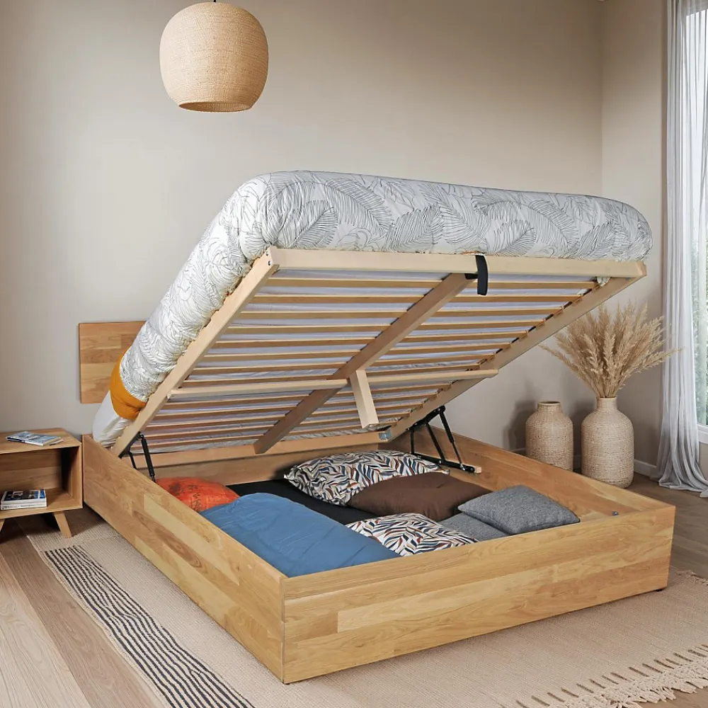 Weber Industries Lit coffre 160x200cm MILO avec tête de lit + sommier/ Chêne massif huilé* Lit Coffre