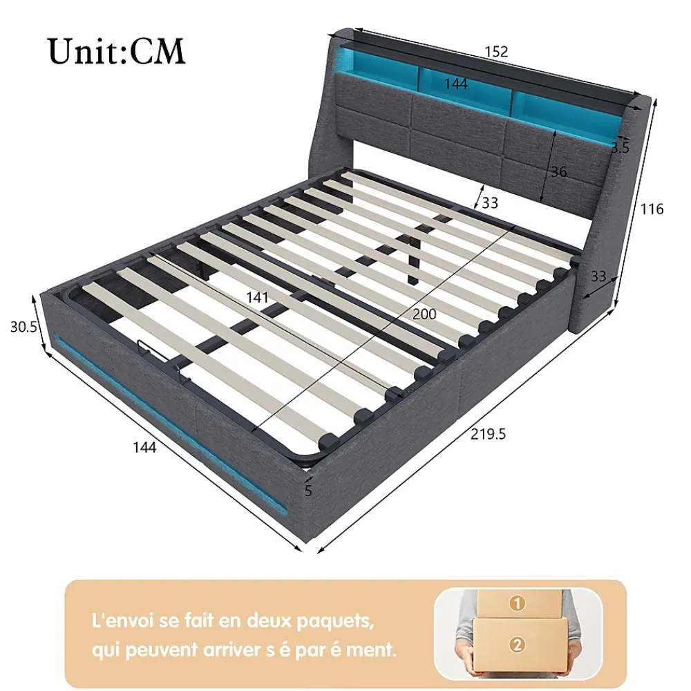 Generique Lit coffre 140x200cm rembourré en tissu lin - avec LED et Ports de charge - avec sommier à lattes - Gris* Lit Coffre