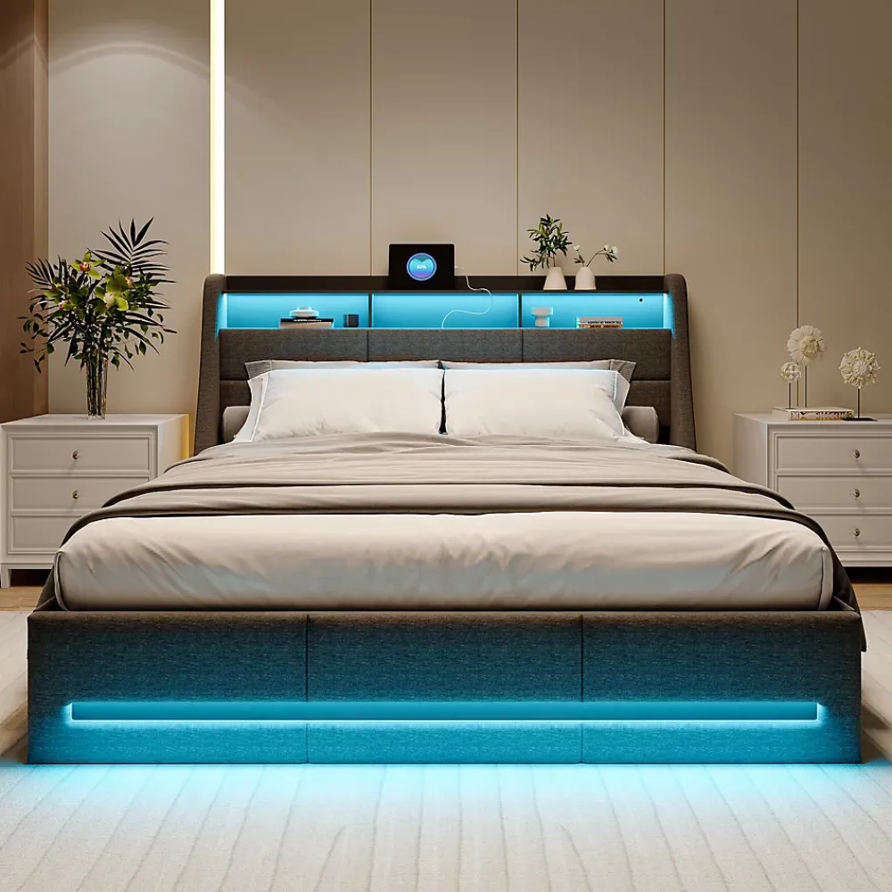 Generique Lit coffre 140x200cm rembourré en tissu lin - avec LED et Ports de charge - avec sommier à lattes - Gris* Lit Coffre