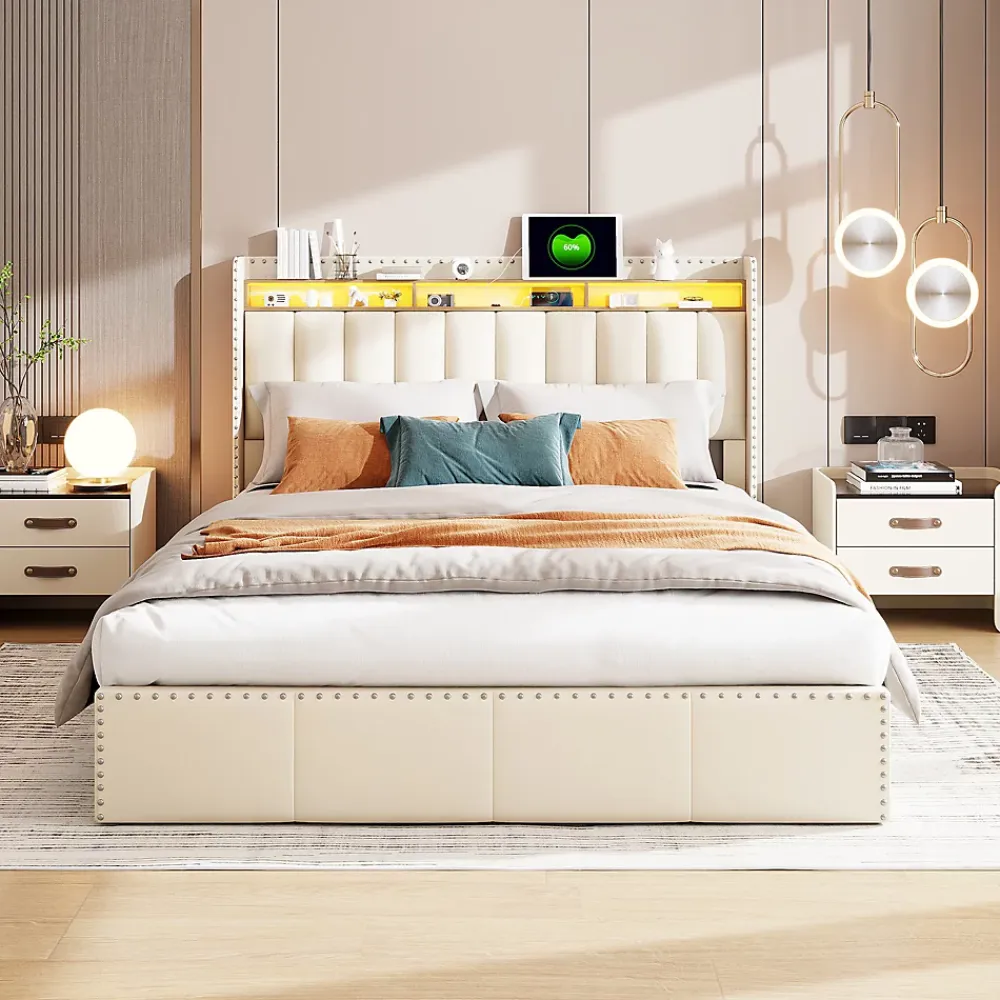 Simple Life Lit Coffre 140x200cm,avec Éclairage LED Et Port USB, Avec Tête De Lit Coffre,structure Stable, Beige* Lit Coffre