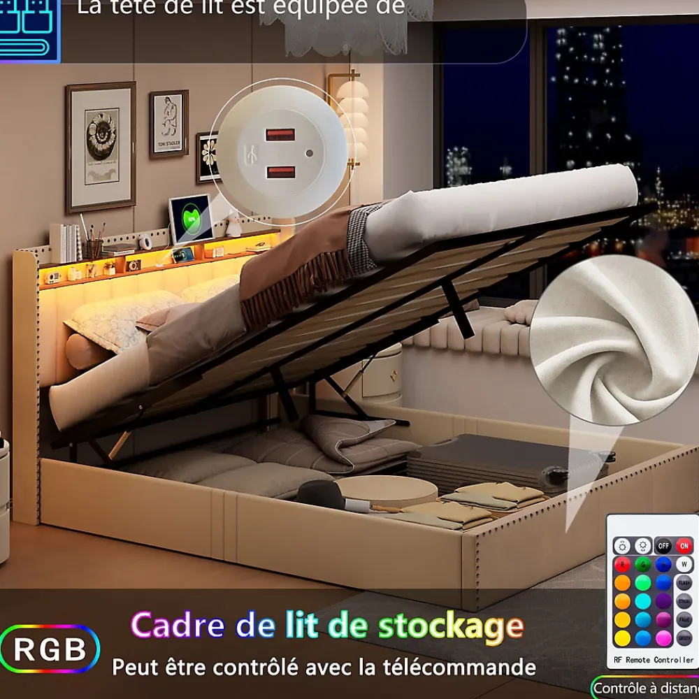 Simple Life Lit Coffre 140x200cm,avec Éclairage LED Et Port USB, Avec Tête De Lit Coffre,structure Stable, Beige* Lit Coffre