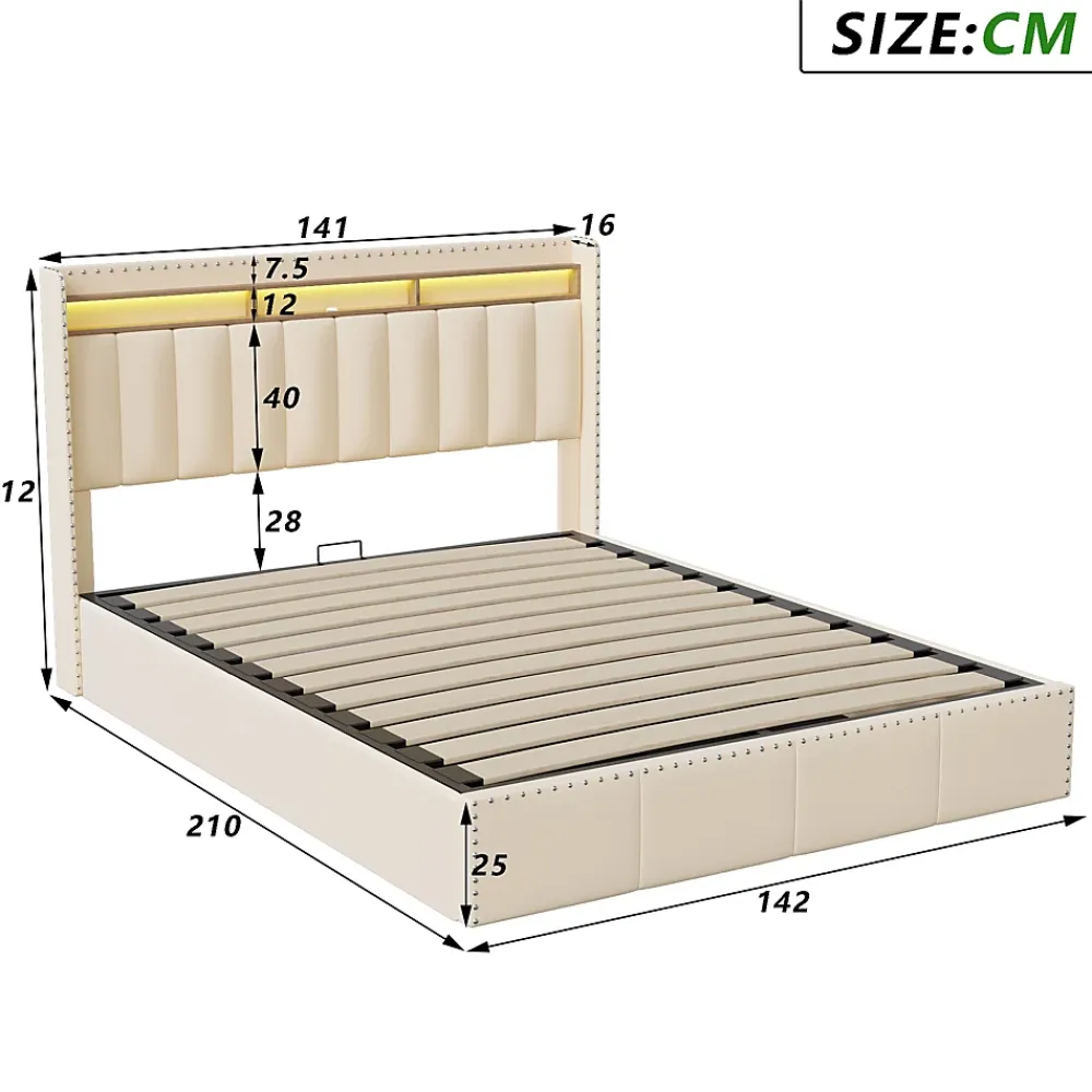 Simple Life Lit Coffre 140x200cm,avec Éclairage LED Et Port USB, Avec Tête De Lit Coffre,structure Stable, Beige* Lit Coffre