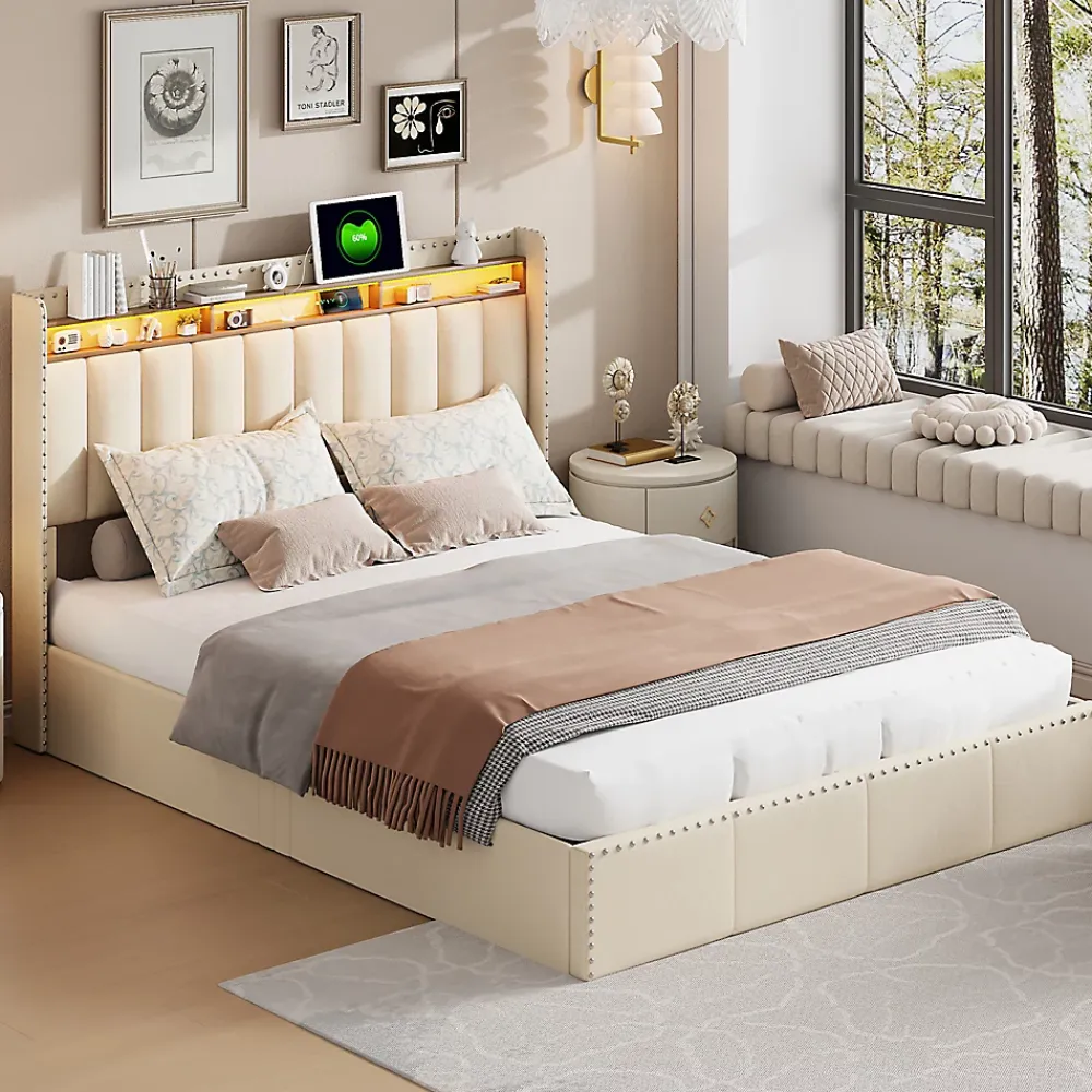 Simple Life Lit Coffre 140x200cm,avec Éclairage LED Et Port USB, Avec Tête De Lit Coffre,structure Stable, Beige* Lit Coffre