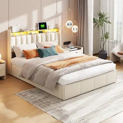 Simple Life Lit Coffre 140x200cm,avec Éclairage LED Et Port USB, Avec Tête De Lit Coffre,structure Stable, Beige* Lit Coffre