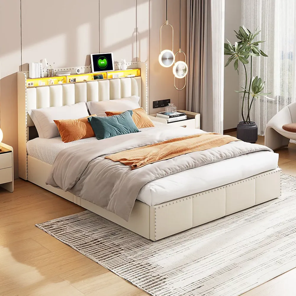 Simple Life Lit Coffre 140x200cm,avec Éclairage LED Et Port USB, Avec Tête De Lit Coffre,structure Stable, Beige* Lit Coffre