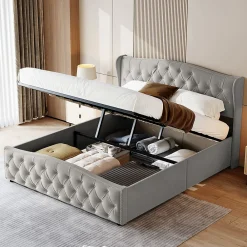 lit coffre 160x200,lit capitonné avec sommier à lattes,tête de lit ondulée,design rivet,velours,gris>ProximaX Online