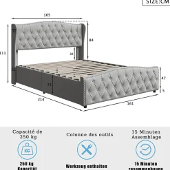 lit coffre 160x200,lit capitonné avec sommier à lattes,tête de lit ondulée,design rivet,velours,gris><noscript><img width=
