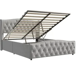 lit coffre 160x200,lit capitonné avec sommier à lattes,tête de lit ondulée,design rivet,velours,gris><noscript><img width=