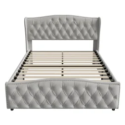 lit coffre 160x200,lit capitonné avec sommier à lattes,tête de lit ondulée,design rivet,velours,gris><noscript><img width=