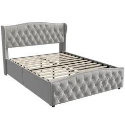 lit coffre 160x200,lit capitonné avec sommier à lattes,tête de lit ondulée,design rivet,velours,gris><noscript><img width=