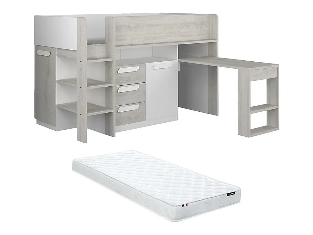 Lit combiné 90 x 200 cm - Avec bureau et rangements - Blanc et naturel + Matelas - LOUKALA>Vente-unique New