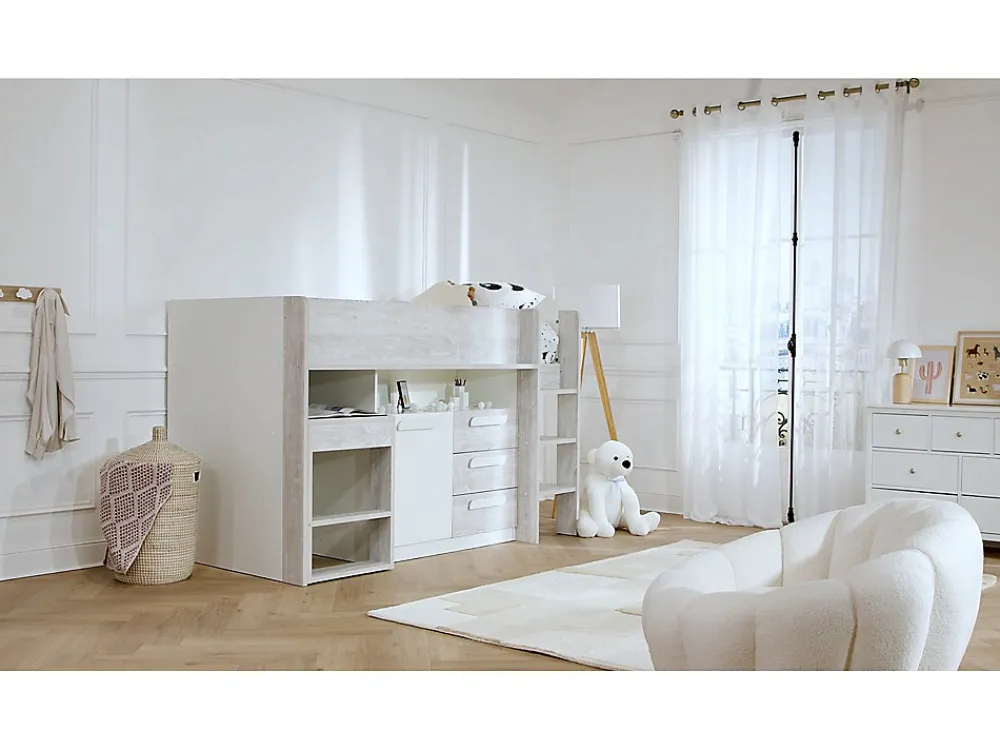 Lit combiné 90 x 200 cm - Avec bureau et rangements - Blanc et naturel + Matelas - LOUKALA>Vente-unique New