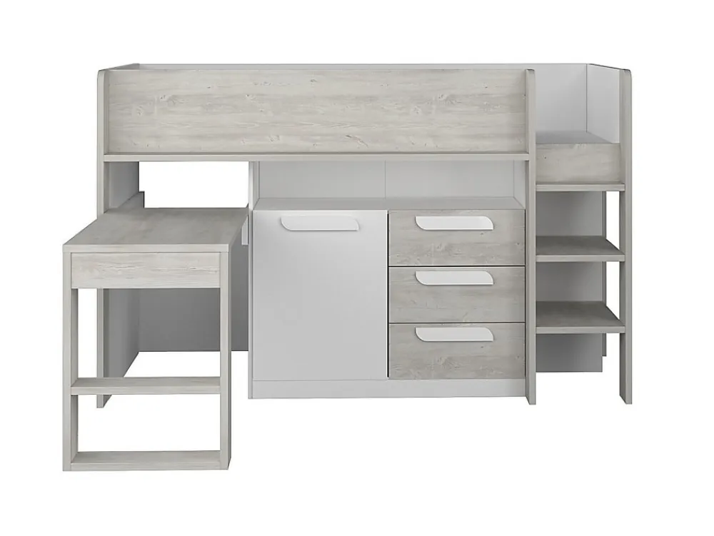 Lit combiné 90 x 200 cm - Avec bureau et rangements - Blanc et naturel + Matelas - LOUKALA>Vente-unique New