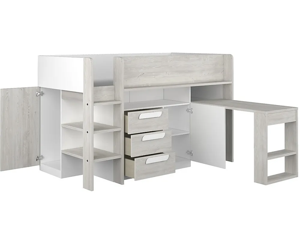 Lit combiné 90 x 200 cm - Avec bureau et rangements - Blanc et naturel + Matelas - LOUKALA>Vente-unique New