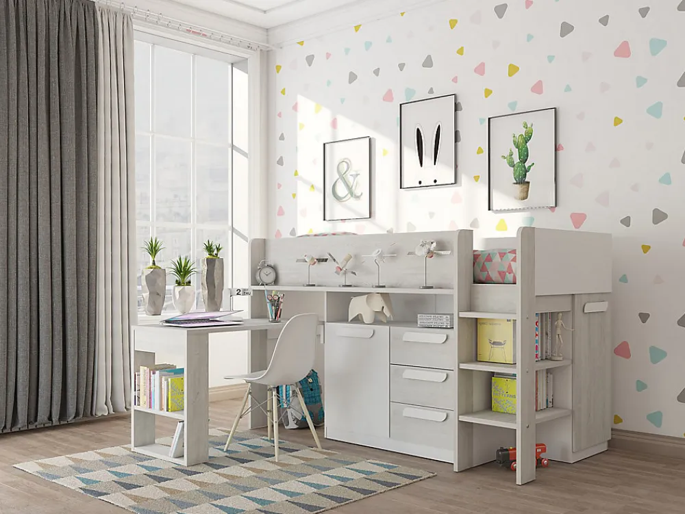 Lit combiné 90 x 200 cm - Avec bureau et rangements - Blanc et naturel + Matelas - LOUKALA>Vente-unique New
