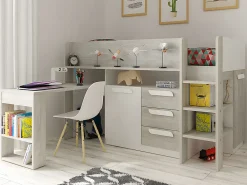 Lit combiné 90 x 200 cm - Avec bureau et rangements - Blanc et naturel + Matelas - LOUKALA><noscript><img width=