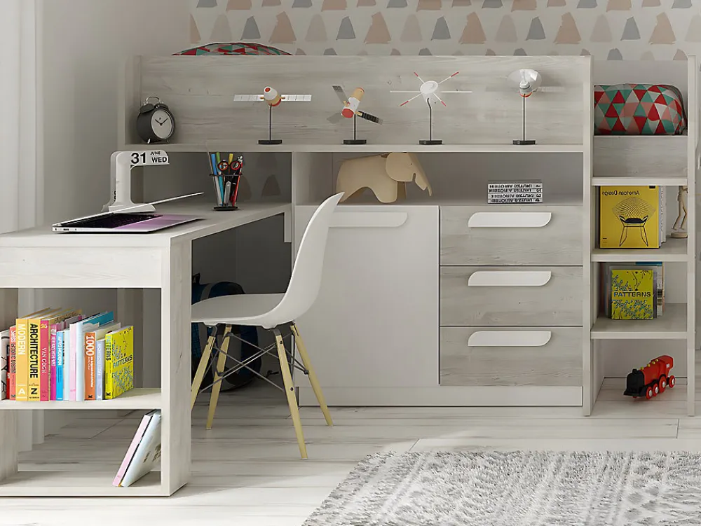 Lit combiné 90 x 200 cm - Avec bureau et rangements - Blanc et naturel + Matelas - LOUKALA>Vente-unique New