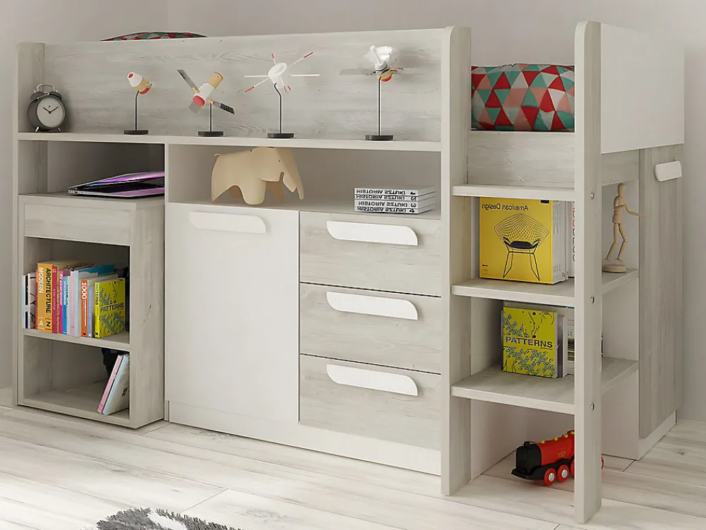 Lit combiné 90 x 200 cm - Avec bureau et rangements - Blanc et naturel + Matelas - LOUKALA>Vente-unique New