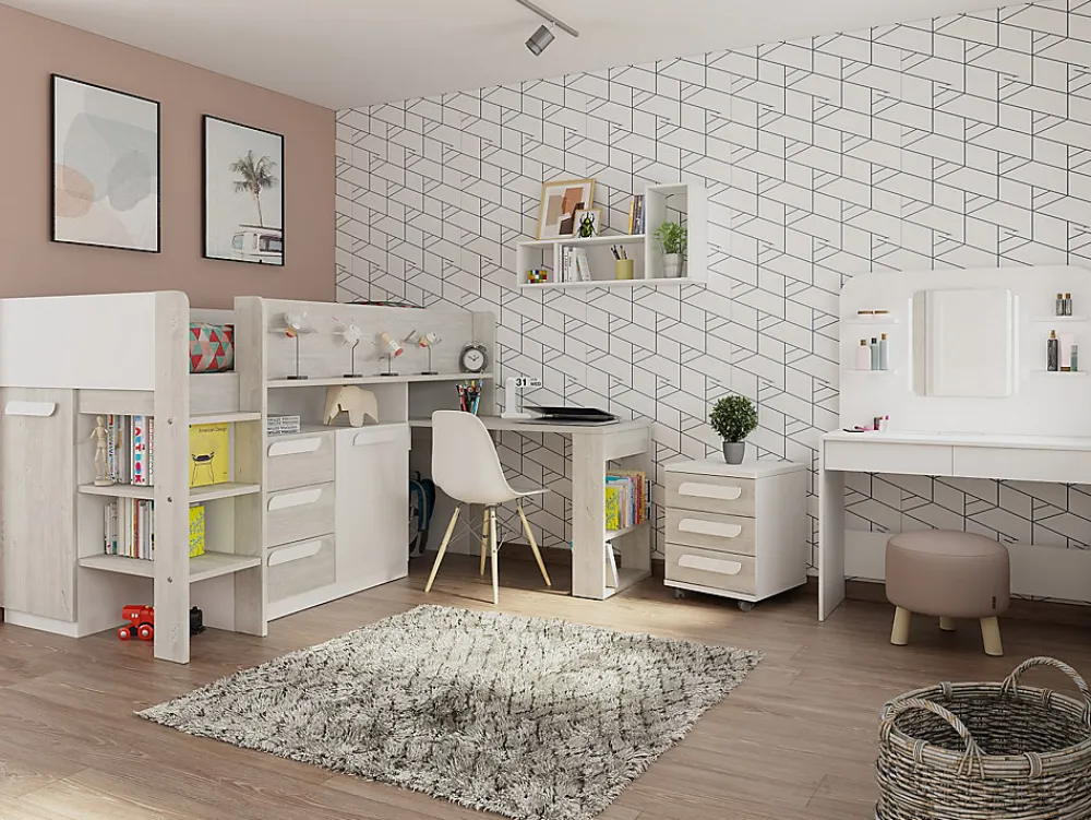 Lit combiné 90 x 200 cm - Avec bureau et rangements - Blanc et naturel + Matelas - LOUKALA>Vente-unique New