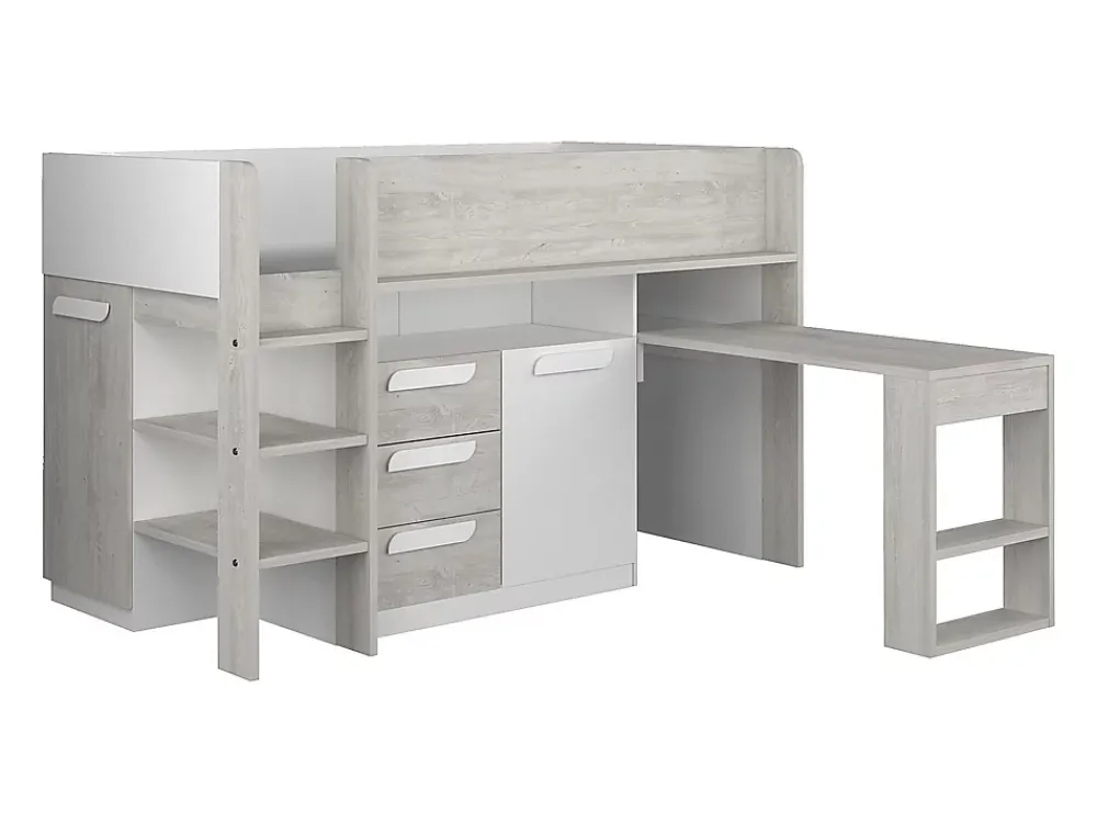 Vente-unique Lit combiné 90 x 200 cm - Avec bureau et rangements - Blanc et naturel - LOUKALA*Enfant Lit Enfant