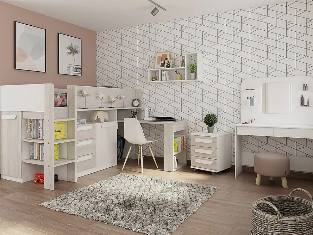 Vente-unique Lit combiné 90 x 200 cm - Avec bureau et rangements - Blanc et naturel - LOUKALA*Enfant Lit Enfant