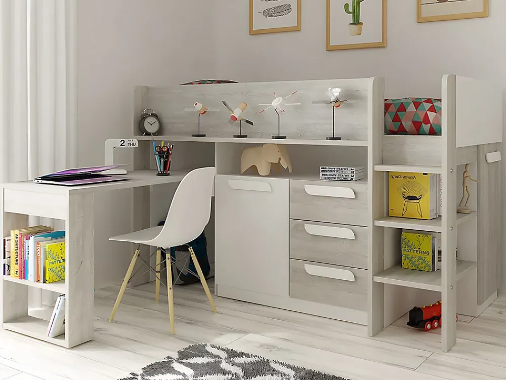 Vente-unique Lit combiné 90 x 200 cm - Avec bureau et rangements - Blanc et naturel - LOUKALA*Enfant Lit Enfant