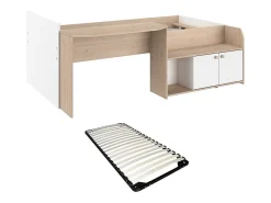 Lit combiné 90 x 190/200 cm - Coloris : Naturel et blanc + Sommier - MIVONA>Vente-unique