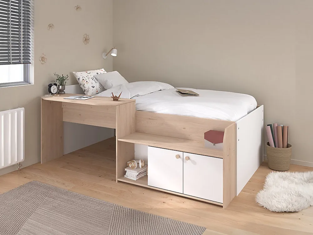 Lit combiné 90 x 190/200 cm - Coloris : Naturel et blanc + Sommier - MIVONA>Vente-unique