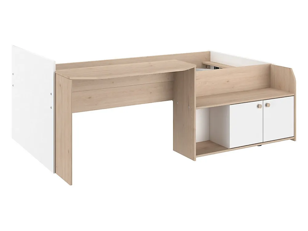 Lit combiné 90 x 190/200 cm - Coloris : Naturel et blanc + Sommier - MIVONA>Vente-unique