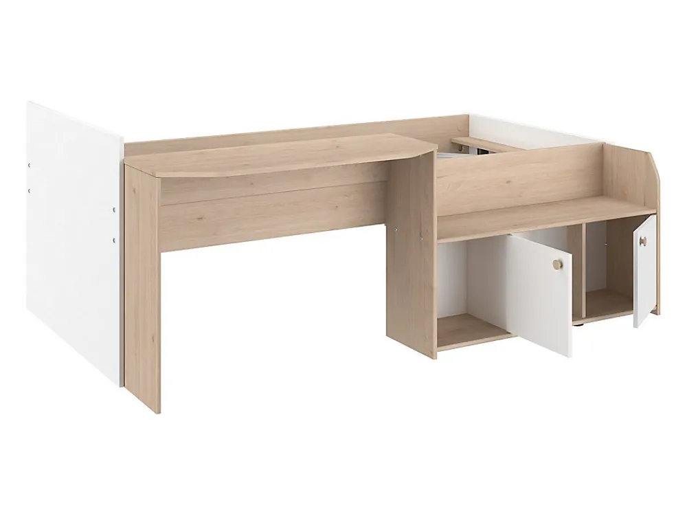 Lit combiné 90 x 190/200 cm - Coloris : Naturel et blanc + Sommier - MIVONA>Vente-unique