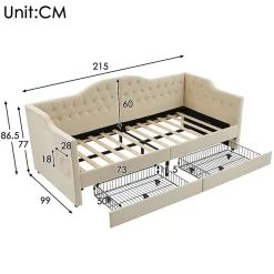 Lit combiné 90 x 200 cm - Lit avec 2 tiroirs et ports USB - Velours Beige - Sans Matelas><noscript><img width=