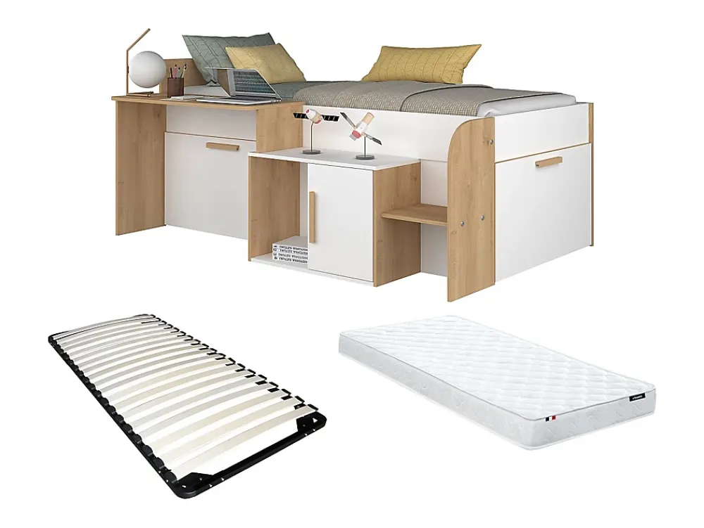 Vente-unique Lit combiné 90 x 200 cm avec bureau et rangements - Coloris : Blanc et naturel + Sommier + Matelas - PEDRO*Enfant Lit Enfant