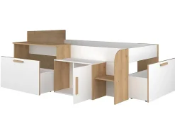 Vente-unique Lit combiné 90 x 200 cm avec bureau et rangements - Coloris : Blanc et naturel + Sommier + Matelas - PEDRO*Enfant Lit Enfant
