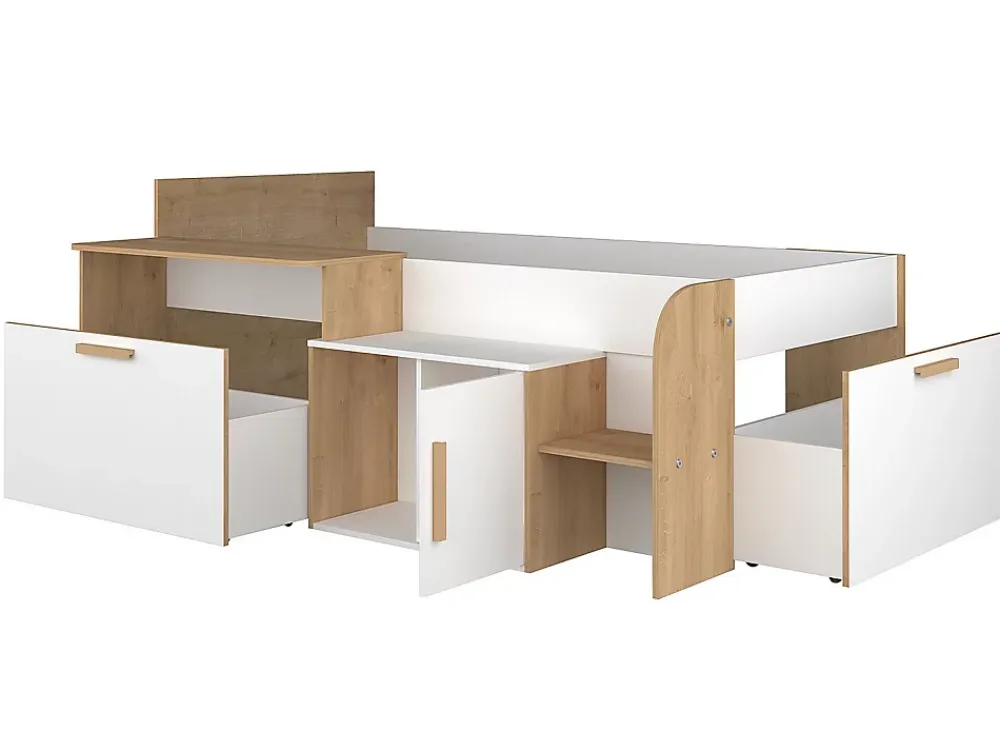 Vente-unique Lit combiné 90 x 200 cm avec bureau et rangements - Coloris : Blanc et naturel + Sommier + Matelas - PEDRO*Enfant Lit Enfant