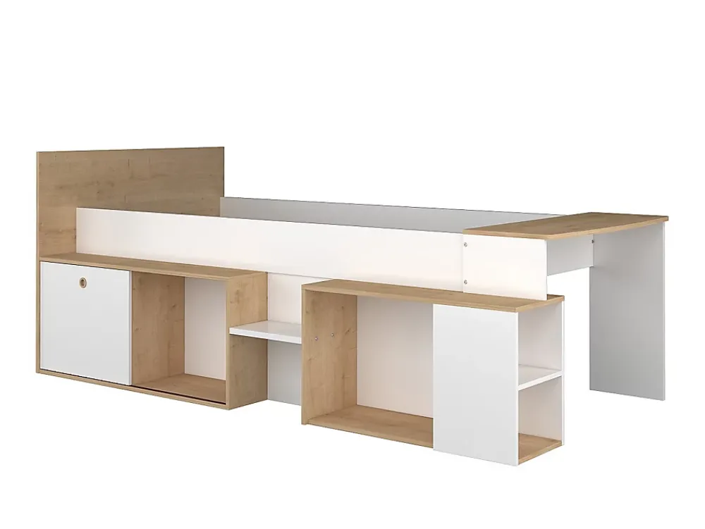 Vente-unique Lit combiné 90 x 200 cm avec bureau et rangements - Blanc et naturel + Sommier + Matelas - PALOMA*Enfant Lit Enfant