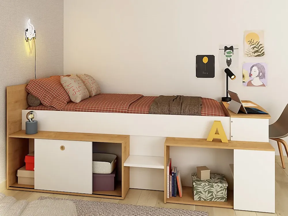 Vente-unique Lit combiné 90 x 200 cm avec bureau et rangements - Blanc et naturel + Sommier + Matelas - PALOMA*Enfant Lit Enfant