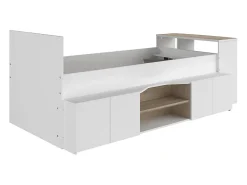 Vente-unique Lit combiné 90 x 190/200 cm avec bureau et rangements - Blanc et naturel + Sommier + Matelas - JOCHIANE*Enfant Lit Enfant