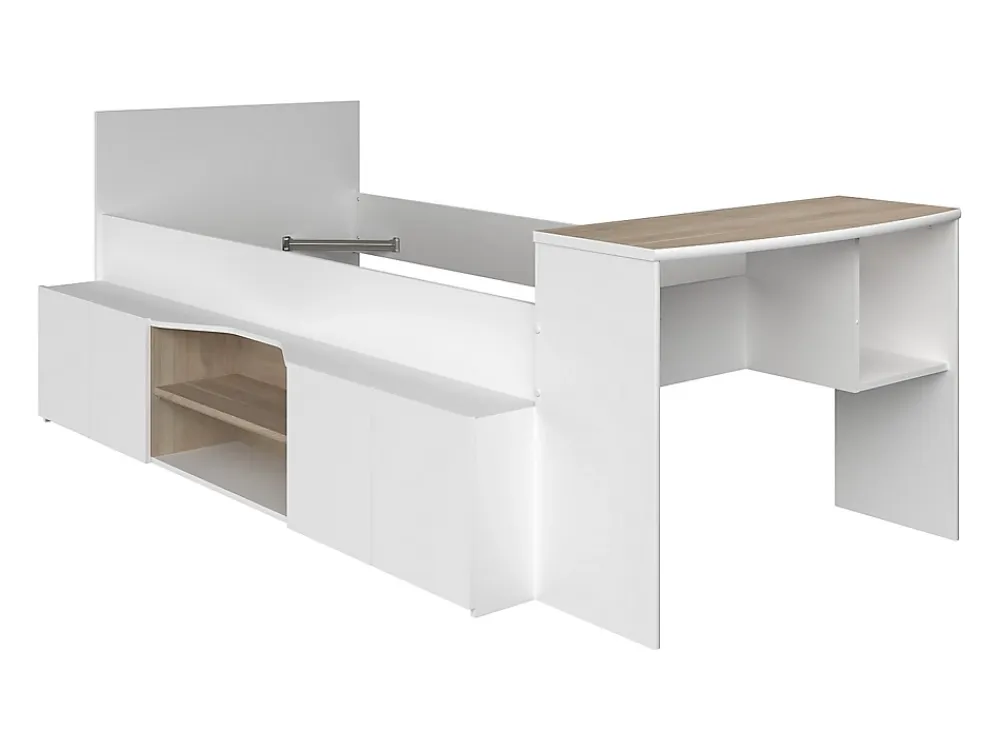 Vente-unique Lit combiné 90 x 190/200 cm avec bureau et rangements - Blanc et naturel + Sommier + Matelas - JOCHIANE*Enfant Lit Enfant