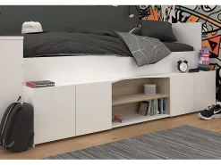 Vente-unique Lit combiné 90 x 190/200 cm avec bureau et rangements - Blanc et naturel + Sommier + Matelas - JOCHIANE*Enfant Lit Enfant