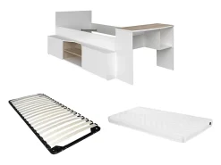 Vente-unique Lit combiné 90 x 190/200 cm avec bureau et rangements - Blanc et naturel + Sommier + Matelas - JOCHIANE*Enfant Lit Enfant