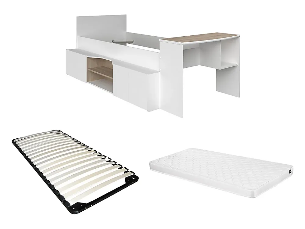 Vente-unique Lit combiné 90 x 190/200 cm avec bureau et rangements - Blanc et naturel + Sommier + Matelas - JOCHIANE*Enfant Lit Enfant