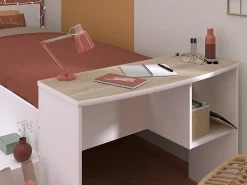 Vente-unique Lit combiné 90 x 190/200 cm avec bureau et rangements - Blanc et naturel + Sommier + Matelas - JOCHIANE*Enfant Lit Enfant