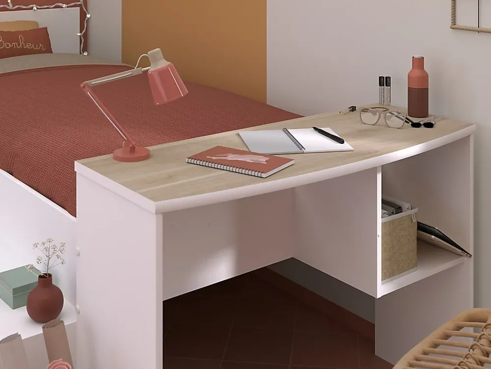 Vente-unique Lit combiné 90 x 190/200 cm avec bureau et rangements - Blanc et naturel + Sommier + Matelas - JOCHIANE*Enfant Lit Enfant
