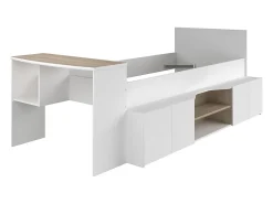 Vente-unique Lit combiné 90 x 190/200 cm avec bureau et rangements - Blanc et naturel + Sommier + Matelas - JOCHIANE*Enfant Lit Enfant