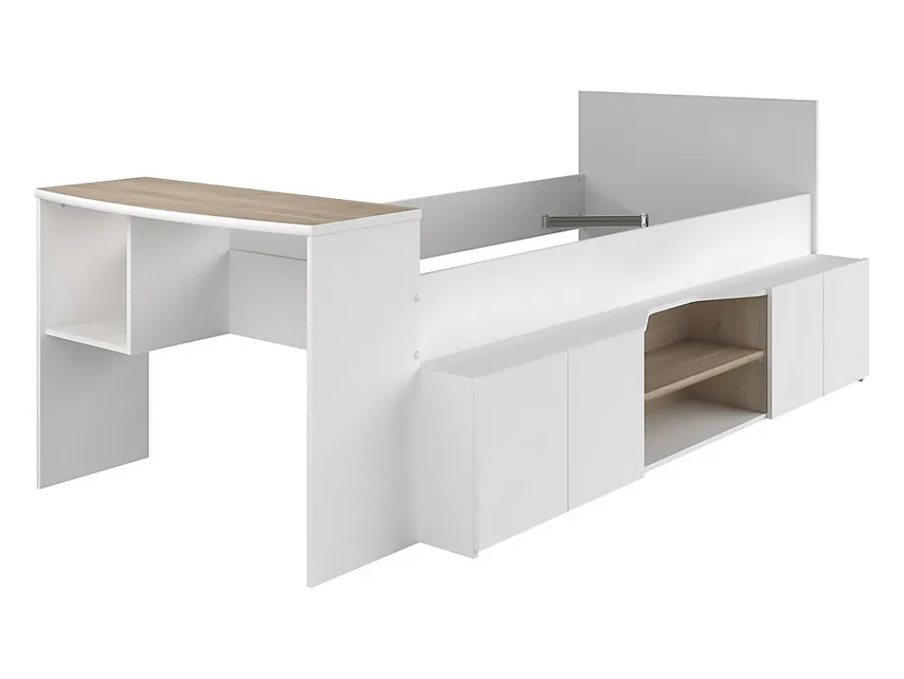 Vente-unique Lit combiné 90 x 190/200 cm avec bureau et rangements - Blanc et naturel + Sommier + Matelas - JOCHIANE*Enfant Lit Enfant