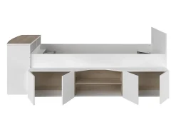 Vente-unique Lit combiné 90 x 190/200 cm avec bureau et rangements - Blanc et naturel + Sommier + Matelas - JOCHIANE*Enfant Lit Enfant
