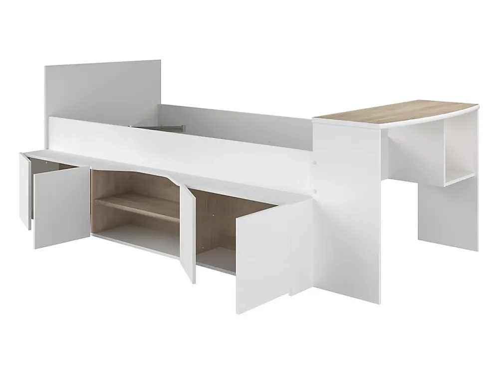 Vente-unique Lit combiné 90 x 190/200 cm avec bureau et rangements - Blanc et naturel + Sommier + Matelas - JOCHIANE*Enfant Lit Enfant