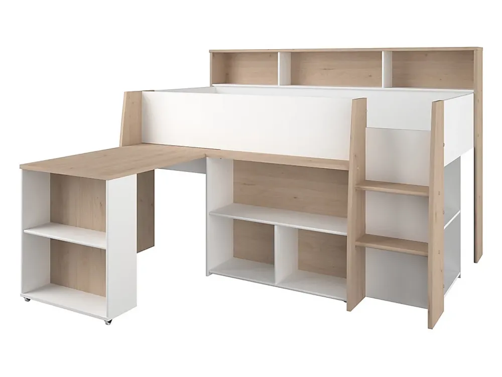 Vente-unique Lit combiné 90 x 200 cm avec bureau et rangements - Blanc et naturel - APOLINO*Enfant Lit Enfant
